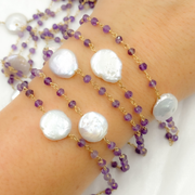 Amethyst & Pearl Round Shape Bezel Gold Plated Wire Chain